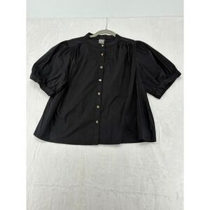Worthington Blouse Womens PXL Button Down Black Puff Sleeve Mock Neck Stretch